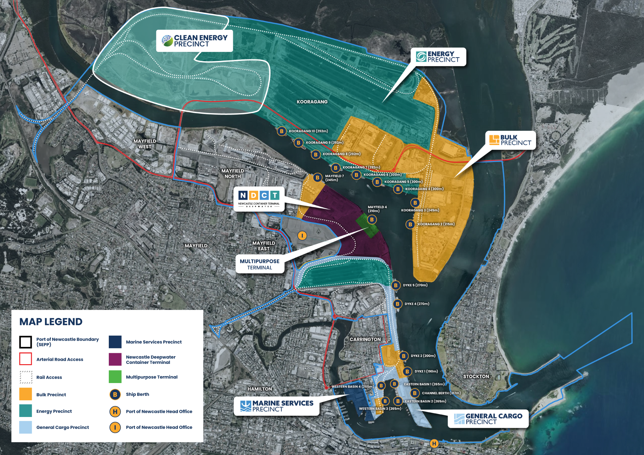 Graphic of port district map with call outs for the different precincts